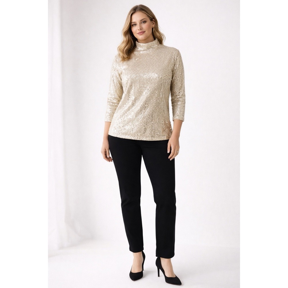 Chico's Sequin Funnel Neck Tee Champagne Gold Long Sleeve Size 2 Elegant Party